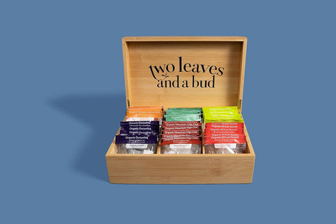 6-Slot Two Leaves and a Bud Organic Tea Sampler in Bamboo Presentation Box - Filled Gift Box with Tea Assortment