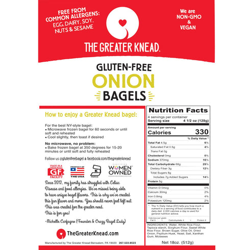 (12 Greater Knead Gluten Free Bagel - Onion - Vegan, non-GMO, Free of Wheat, Nuts, Soy, Peanuts, Tree Nuts bagels)