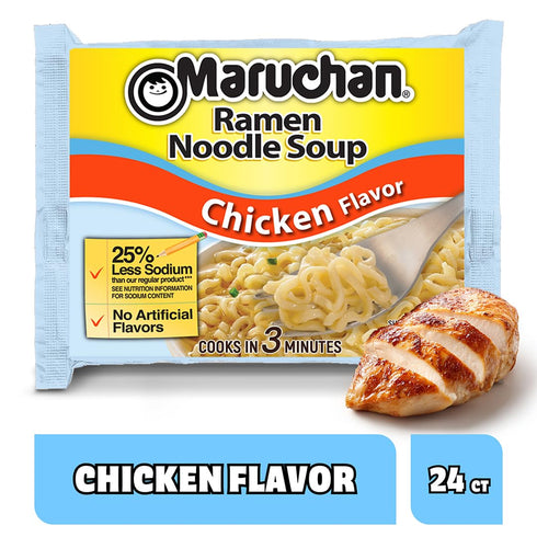 3 Oz. (24 Pack) Maruchan Ramen Noodle Soup, Less Sodium Chicken Flavor Japanese-Style Instant Noodles, Quick & Easy