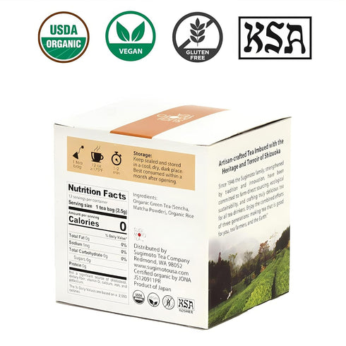 SUGIMOTO TEA Japanese Organic Matcha Genmaicha Tea Bags, 12 Count Pack