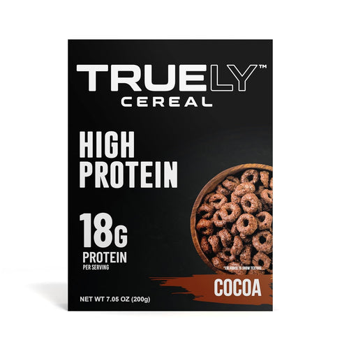 18 4 4 7.05 oz TRUELY Protein Cereal Variety Cocoa, Fruity, Chocolate Peanut Butter, Honey Flavors | g Protein, g Sugar