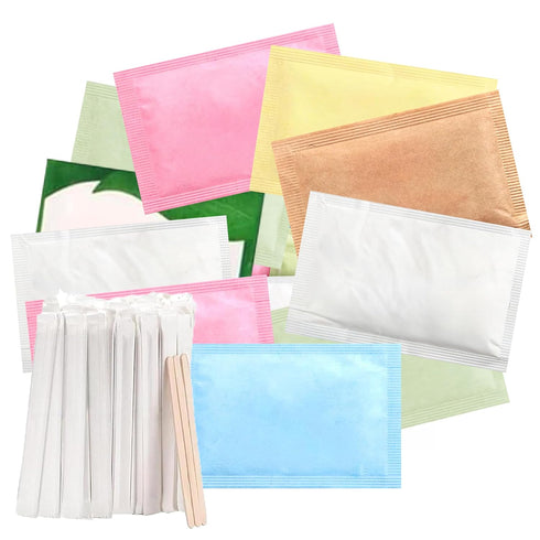 Sugar and Sweetener Packets Assortment with Wooden Coffee Stirrers Bulk Variety Pack