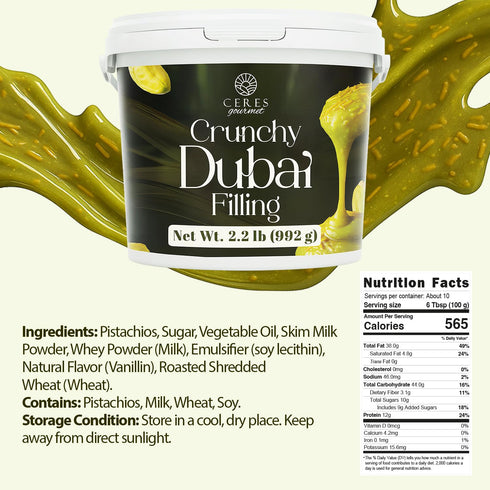 2.2 lb (1kg) Ceres Gourmet Dubai Chocolate Bar Mixture Pistachio Filling for Dubai Chocolate & Kataifi Desserts |