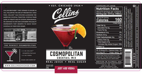 32 oz Collins Cosmopolitan Mix, Made With Real Cranberry Juice, Lime Juice, with Natural Flavors, Cosmo Cocktail Mixer