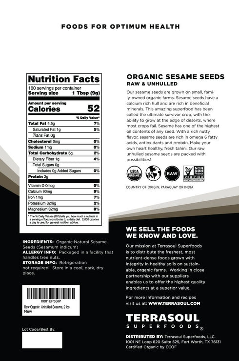 6 Lbs (3 Pack) Terrasoul Superfoods Organic Unhulled Sesame Seeds, - Gluten Free, Raw, Keto Friendly