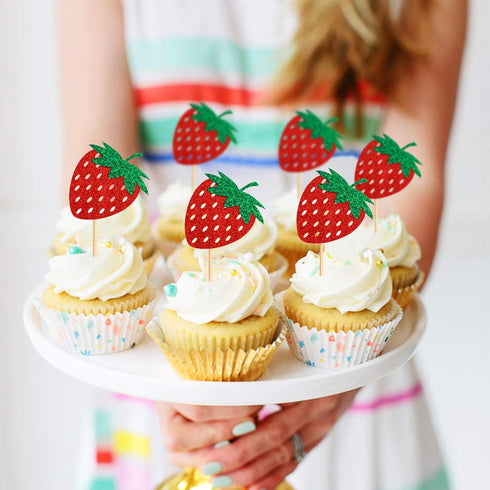 36 Pack Red Strawberry Cupcake Toppers, Strawberry Theme Picks for Birthday Wedding Baby Shower Summer Garden Party