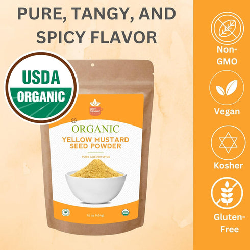 Powder-16 Oz. SPICY ORGANIC Ground Yellow Mustard Seeds Certified USDA Organic - The Perfect Pickling Spice for Cooking