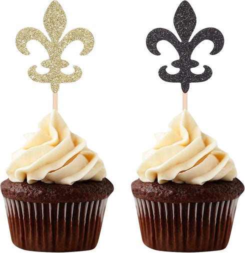 Black and Gold Fleur De Lis Cupcake Toppers, 24 Counts French Party Birthday Picks Decorations
