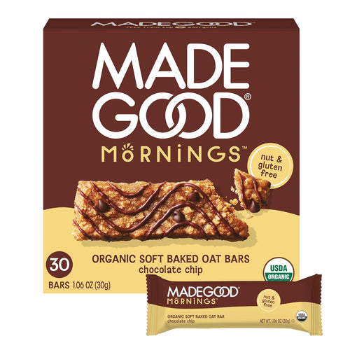 MadeGood Mornings Soft Baked Breakfast Bars, Chocolate Chip, 1.06 Oz (30 Count)