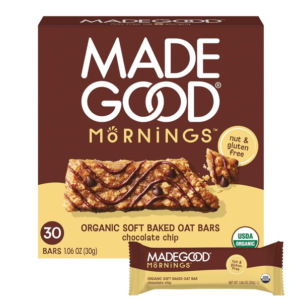 MadeGood Mornings Soft Baked Breakfast Bars, Chocolate Chip, 1.06 Oz (30 Count)