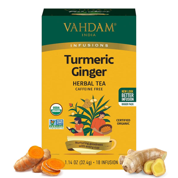 VAHDAM Organic Turmeric Ginger Herbal Tea Bags (18 Count) Caffeine Free, Eco-Friendly Individually Wrapped