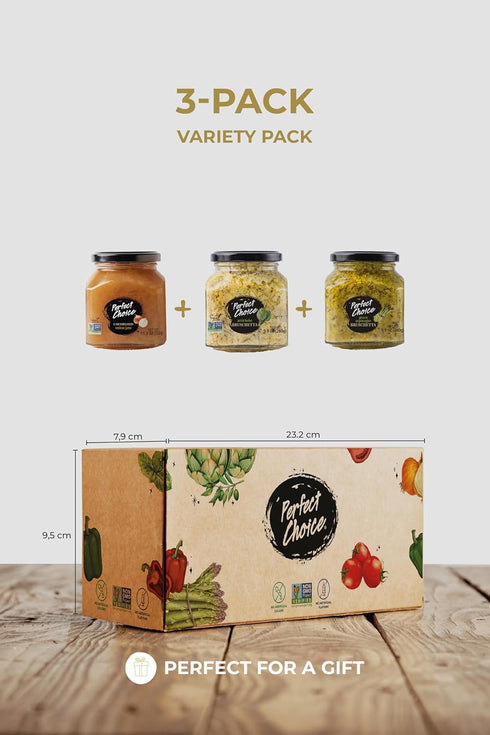 Pack Pack 3 Perfect Choice Variety with Delicious Artichoke Bruschetta, Green Asparagus Bruschetta & Caramelized Onion