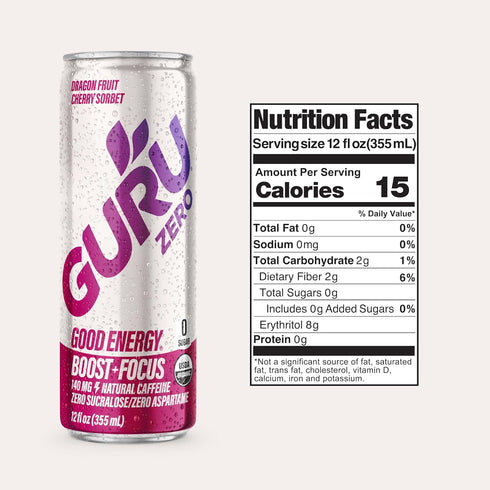 140MG 12 Oz, Pack 12 GURU ZERO SUGAR Dragon Fruit Cherry Sorbet Organic Energy Drink with Plant Based Natural Caffeine