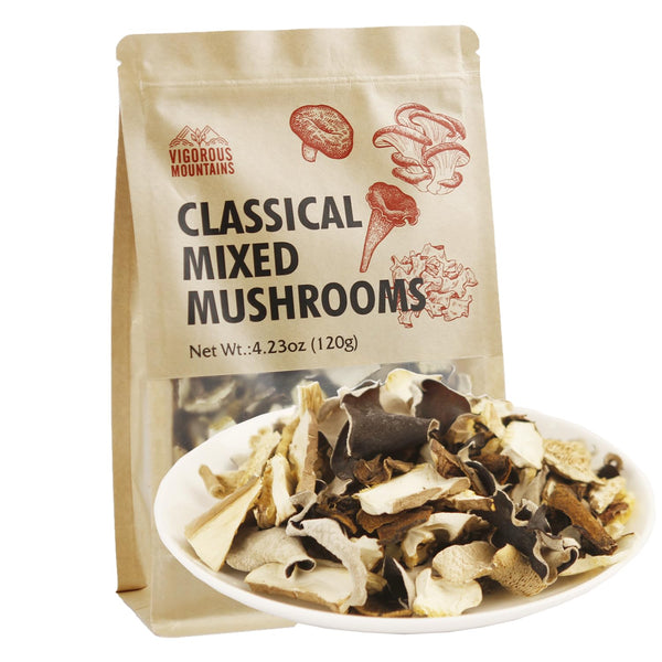 VIGOROUS MOUNTAINS Dried Mixed Mushrooms Blend 4.23oz, Including Porcini Shiitake Oyster Woodear, Vegan Cooking 120g