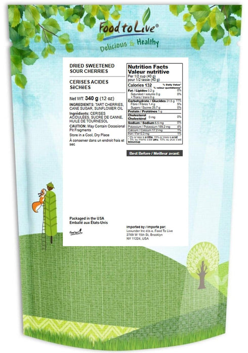 12 Food to Live - Dried Sour Cherries, Ounces Tart, Soft & Juicy Nature's Candy. Whole Fruit Snack. Lightly Sweetened