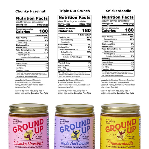 Ground Up Chunky Nut Butter - Almond and Cashew Butter - Peanut-Free, Dairy-Free, Gluten-Free, Vegan - Trio Tasting