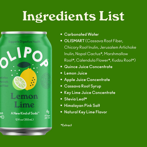 12 oz OLIPOP Prebiotic Soda Pop, Lemon Lime, Prebiotics, Botanicals, Plant Fiber, fl