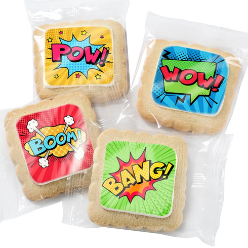 24 Pack Superhero Cookies | Bulk Party Favors Birthday Party | Individually Wrapped | Pow Boom Bang Wow Treats Snacks