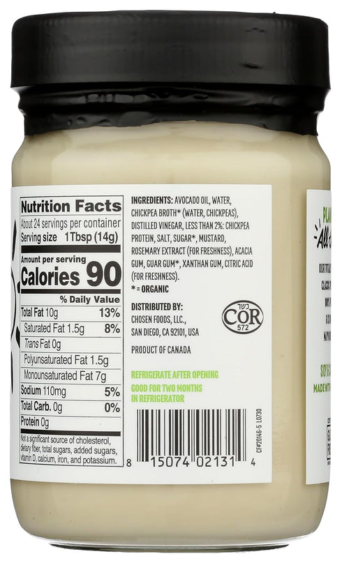 (12 oz) Chosen Foods Classic Vegan Avocado Oil-Based Mayonnaise, Gluten & Dairy Free, Low-Carb, Keto Diet Friendly