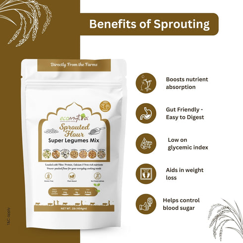 Ecomytra 100% (24g) 1lb (454 Sprouted Super Legumes Mix Flour Gluten Free & High Protein Plant Based Blend of Sprouted