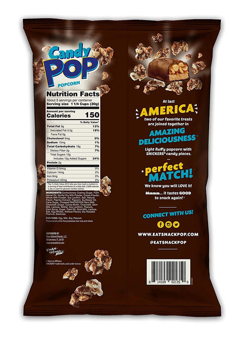 Snack Pop Snickers Candy Coated Popcorn, Drizzled with Chocolate and Caramel, NON-GMO, 5.25oz