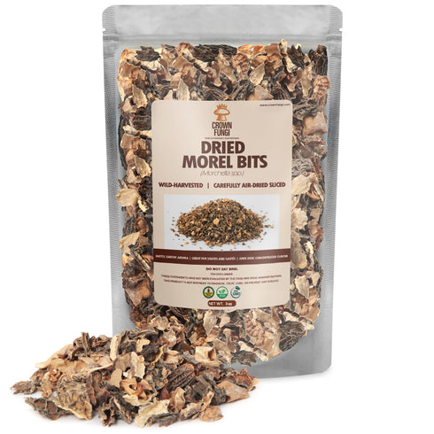 Crown Fungi Dried Moral Bits, 3oz Pack of Dried Wild Mushrooms, Ideal Chopped Mushrooms