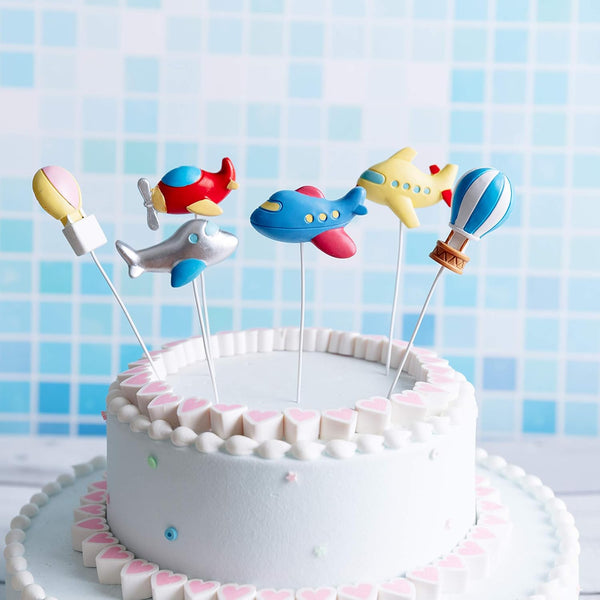 Ercadio 6 Pack Airplane Cake Toppers, 2D Hot Air Balloons Cake Picks for Baby Shower Birthday Party Decorations
