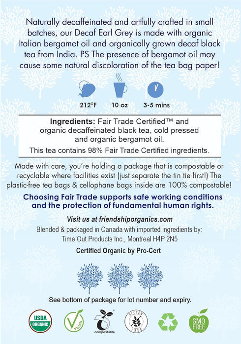 Friendship Organics Decaf Earl Grey Tea Bags - Organic and Fair Trade, 36 Count