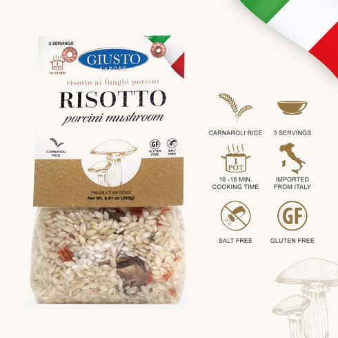 3-4 8.81 oz Giusto Sapore Italian Risotto - Porcini Mushroom - All Natural, Gluten Free, No Added Salt - Premium