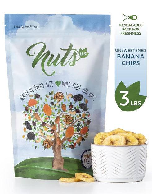 Packed (3 LBS) NUTS U.S. - Unsweetened Banana Chips | No Sulphure, Added & No Artificial Colors | NON-GMO | Natural |