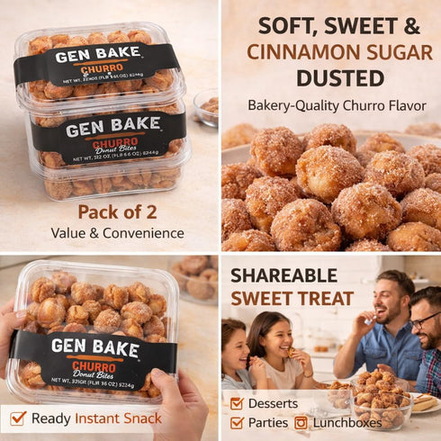 Pet4Homy Pack 2, 22 oz (44 oz Gen Bake Churro Donut Bites of Cinnamon Sugar Dessert Bites, Soft & Sweet Bakery Snack