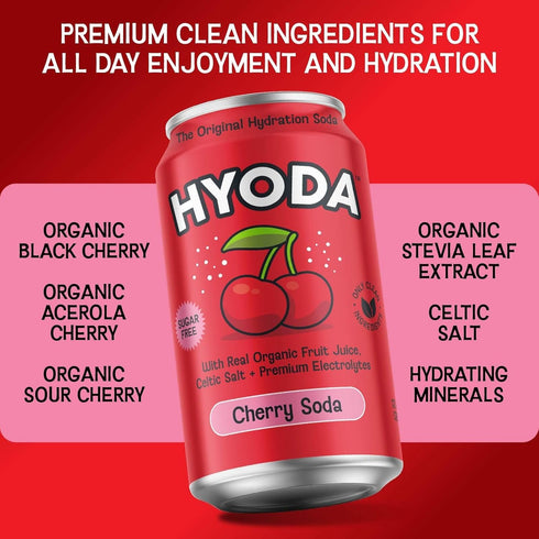 12 OZ 12 Pack HYODA Cherry Soda, Gluten Free and Vegan Sparkling Electrolyte Drink, Made with Organic Cherry Juice