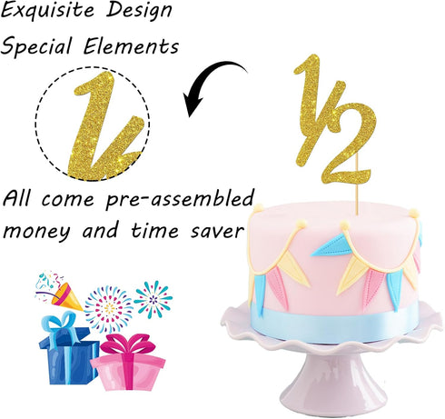 Gold Glitter Half Year Old Cake Topper - Half Year 1/2 Cake Topper for Baby Shower/Birthday Party Decorations