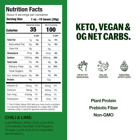 BRAMI Lupini Beans Snack, Chili & Lime, 5.3 oz, Plant Based Protein, Vegan, Keto, Non Perishable