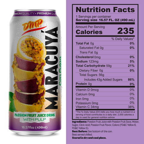 16.57 Oz, 12-Pack De Mi Pais Passion Fruit-maracuya Juice with Pulp, Premium Quality, Refreshing Fruit Beverage, Canned