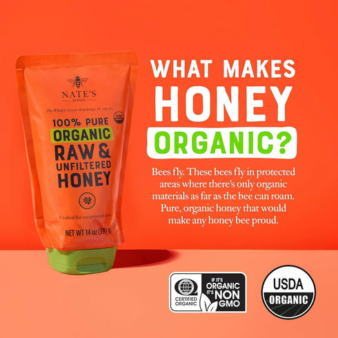 100% 14 oz. Nate's Organic Honey - Pure USDA Organic Raw & Unfiltered Honey - Two No-Drip Sustainable Squeeze Pouches