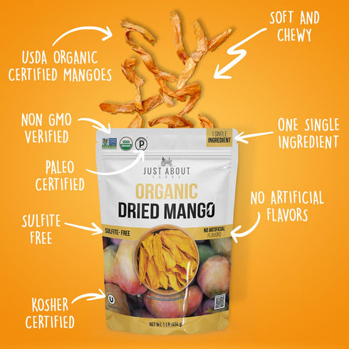 1 lb. Dried Mango Slices Juicy & Delicious, No Added Sugar, Non-GMO, Healthy Snack, Bulk Resealable Bag, Just About