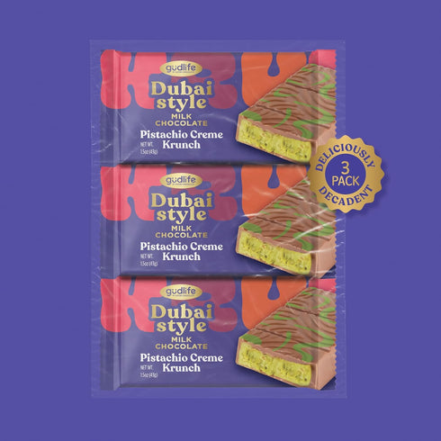 3-Pack 3 1.5oz Gudlife Dubai Chocolate Pistachio | Rich Nutty Pistachio Creme with Mega Crunch in Belgian Milk