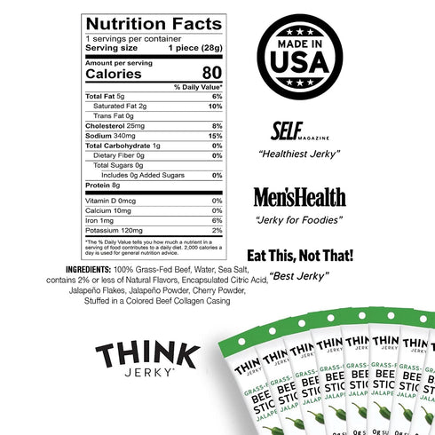 1.0 oz 10 Pack Think Jerky Jalapeno Beef Sticks, Gluten and Sugar Free, No Nitrates, Keto Paleo Friendly High Protein