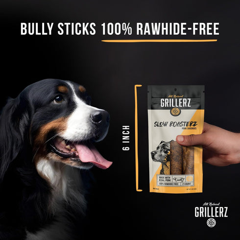 2 Count, 6 inch, Grillerz Slow Roasterz Pork Sausages, All Natural Dog Treat for All Breeds, Dog Chew for Healthy Teeth