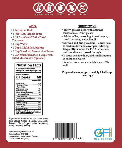 8 5.1 oz Mom's Place Gluten-Free One Pot Skillet Meal Lasagna, Easy to Make Meal Kit, Dairy Free, Nut Free & Soy Free