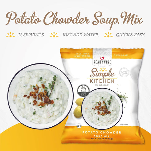 18 1 Pack READYWISE - Simple Kitchen, Potato Chowder Soup, Servings, MRE, Gluten Free, & Vegetarian, Food, Soup Mix