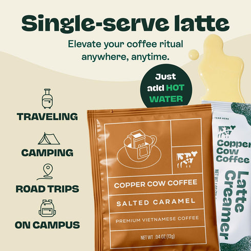 Pack (15 15 Copper Cow Vietnamese Coffee Variety Coffees & Creamers)| Classic, Vanilla, & Salted Caramel Latte | Pour