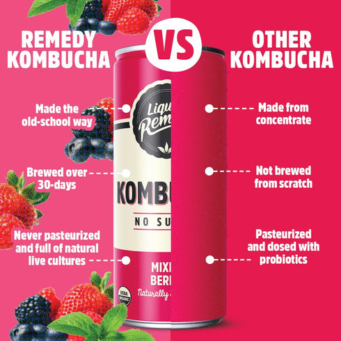 8.5 Oz 24-Pack Liquid Remedy Kombucha Sugar Free Organic Drink, Low Calorie, Probiotic Like Tea for Gut Health - Mixed
