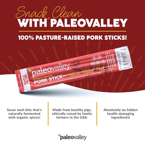 28g 10 Paleovalley Pasture-Raised Pork Sticks - Maple Bacon Flavor Meat Sticks Individually Wrapped, - Sticks