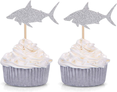 Pack of 24 Silver Shark Cupcake Toppers - Boy's Birthday Party Decorations
