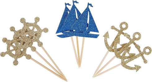 24 Pcs Nautical Theme Glitter Cupcake Picks, Cupcake Toppers for Decoration Party Favors