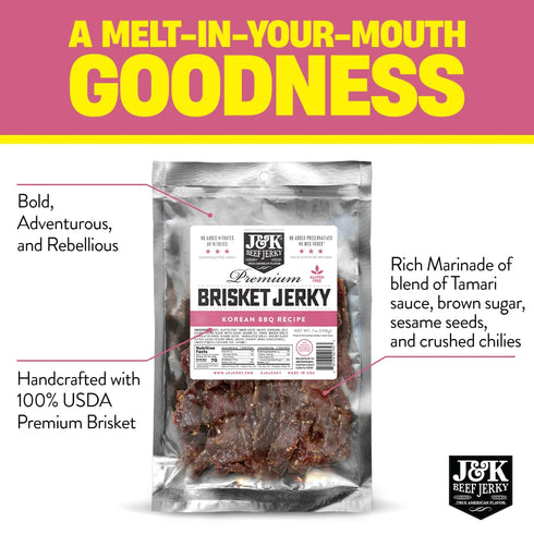 7oz J&K Beef Brisket Jerky - Korean BBQ - Hand Crafted Small Batch American Made Slab Jerky - Bold & Flavorful Snack!