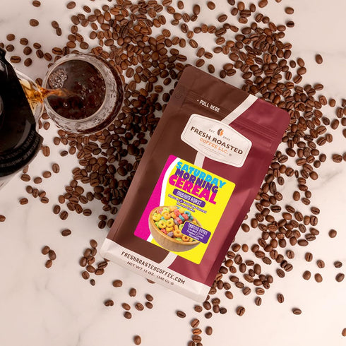12 oz Fresh Roasted Coffee, Saturday Morning Cereal Flavored Whole Bean Coffee, Medium Roast, Kosher