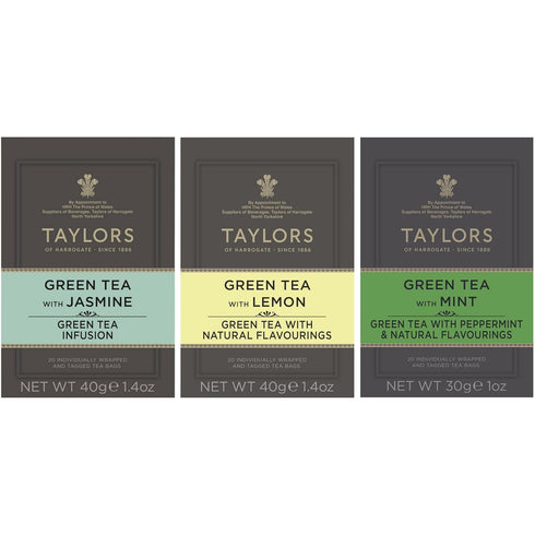 Taylors of Harrogate Green Tea Variety Pack, Individually Wrapped Bags, Jasmine, Lemon,